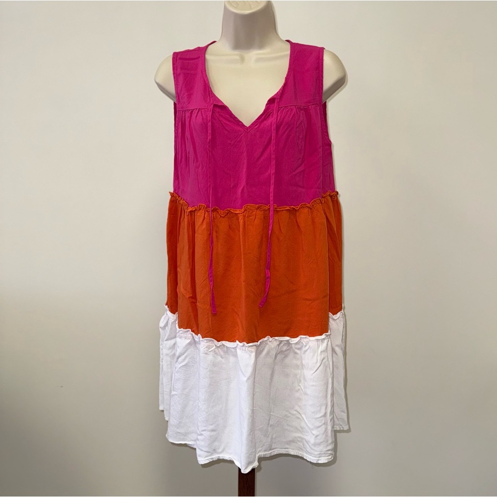 Robert Louis (Large) Colorblock Ruffle Midi V-Neck Dress